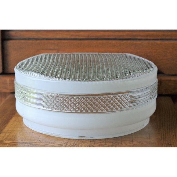 Large Glass Light Shade 8 1/2 " Faceted Clear and White Ceiling Fixture Vintage - Picture 1 of 4
